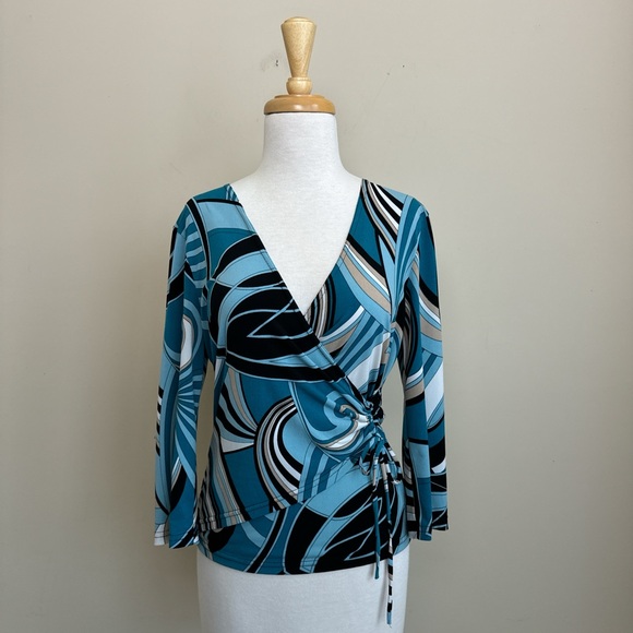 VINTAGE Y2K BLUE BLACK SWIRL PRINT WRAP TOP - Picture 6 of 7